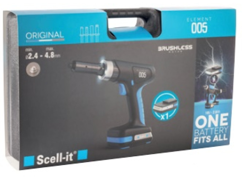 Аккумуляторный заклепочник E-005 для вытяжных заклепок диаметром от 2,5 до 5,0 мм. 